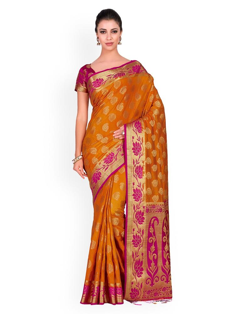 MIMOSA Rust Orange & Pink Woven Design Kanjeevaram Saree