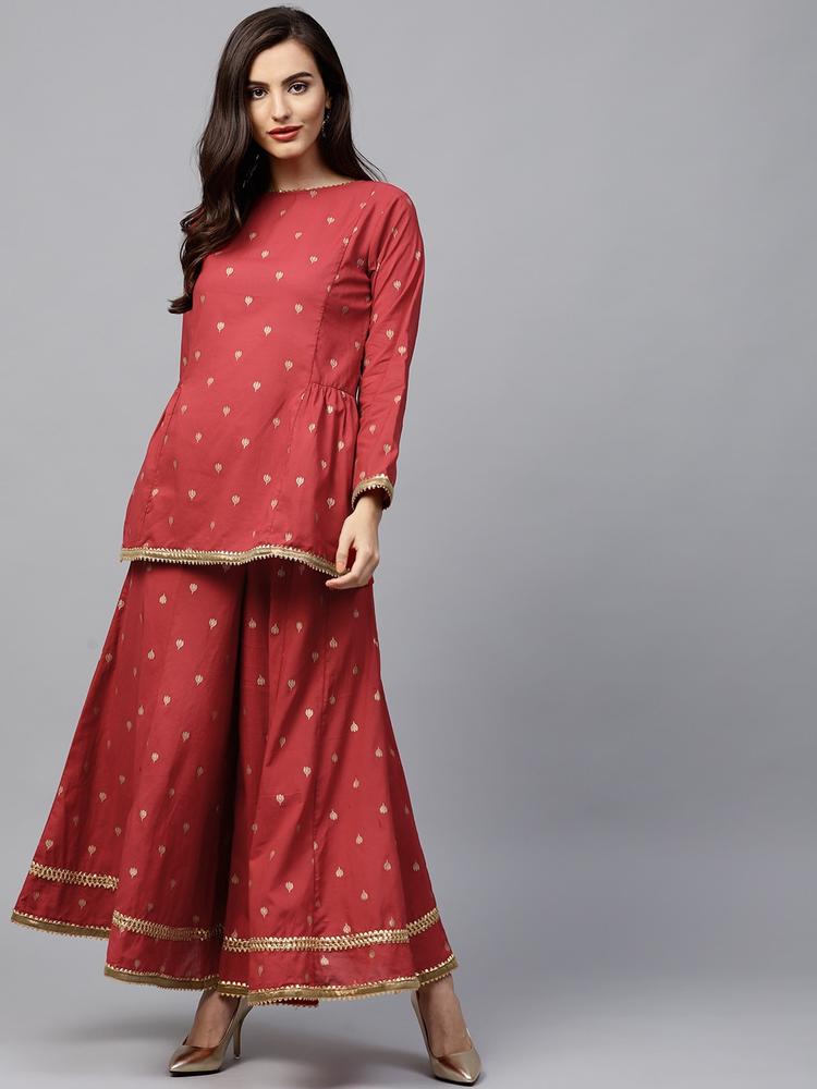 Bhama Couture Women Red & Golden Printed Kurti with Palazzos