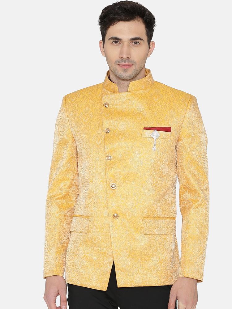 Wintage Men Yellow Solid Self Design Bandhgala Blazer
