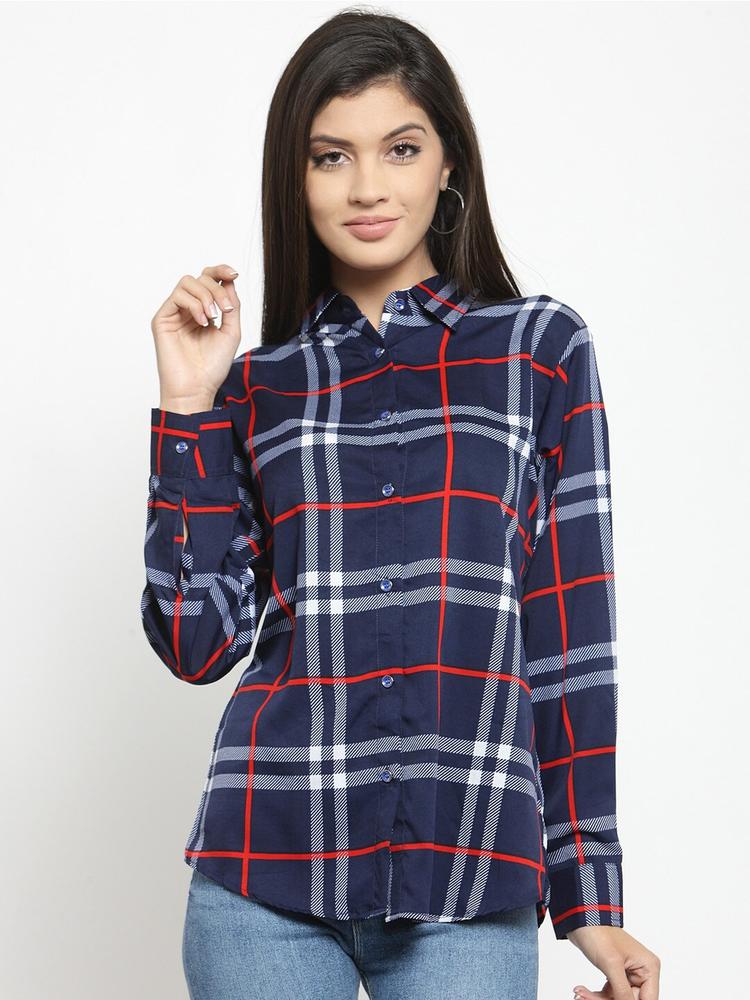 Indietoga Women Navy Blue & Red Regular Fit Checked Casual Shirt