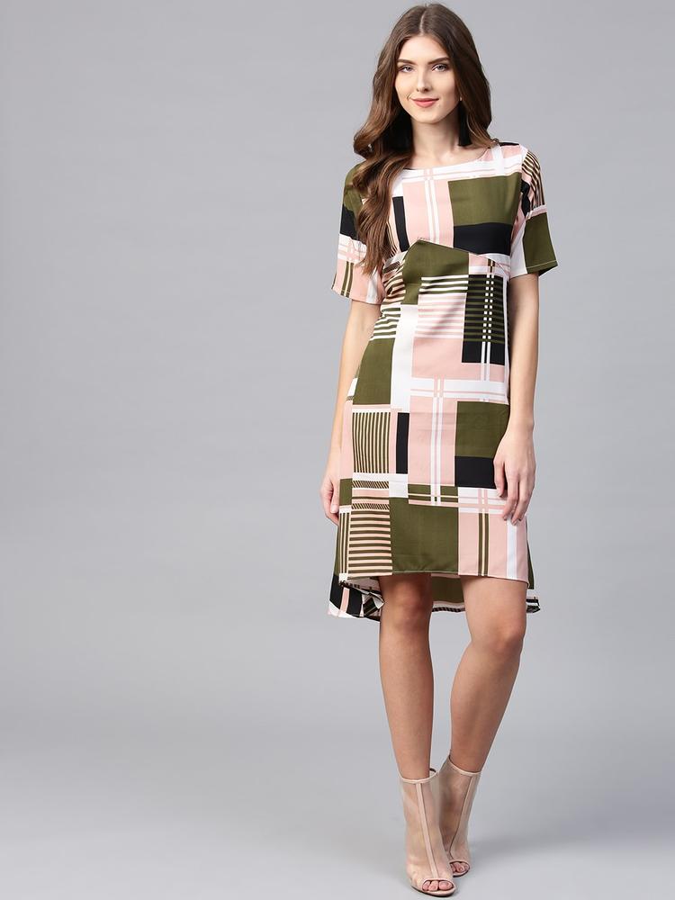 Ives Women Peach-Coloured & Olive Green Printed A-Line Dress