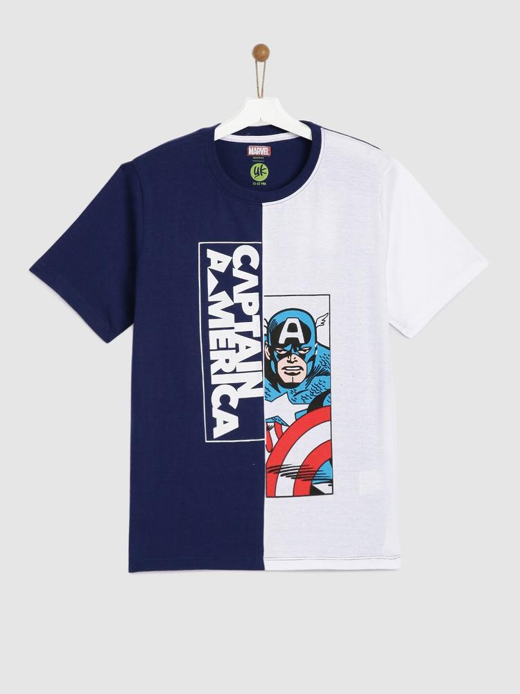 YK Marvel Boys White & Blue Avengers Captain America Print Round Neck T-shirt