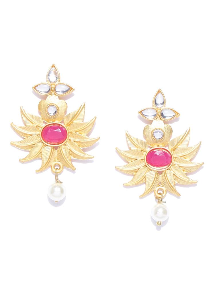 YouBella Pink & Off-White Gold-Plated Stone-Studded & Beaded Classic Drop Earrings