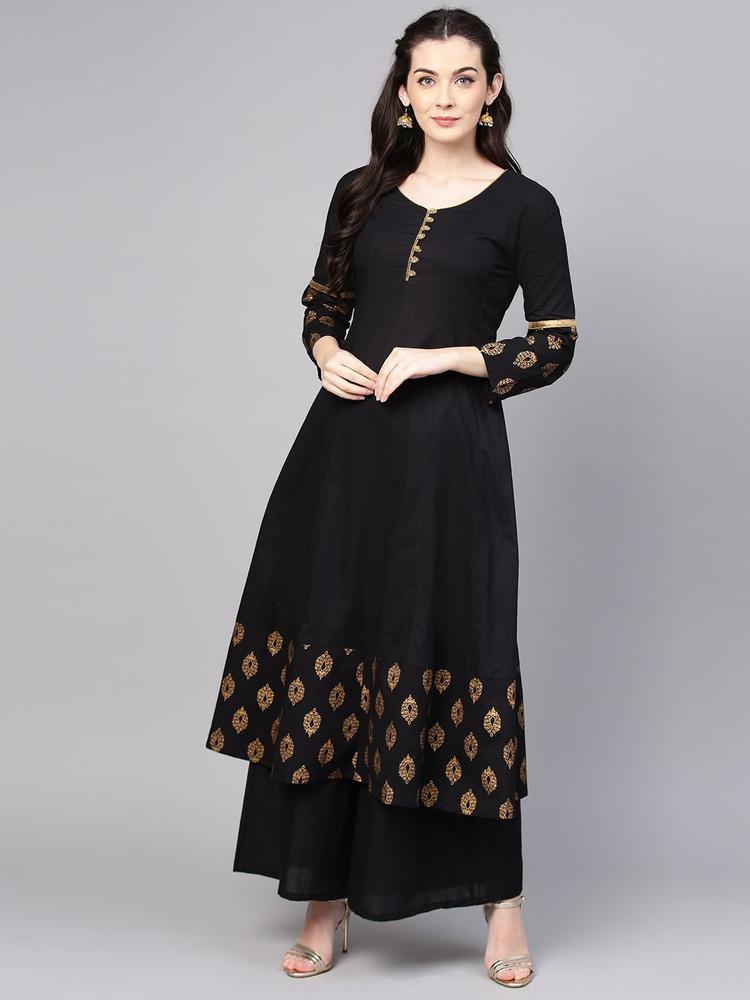 Bhama Couture Women Black & Golden Solid Kurta with Palazzos