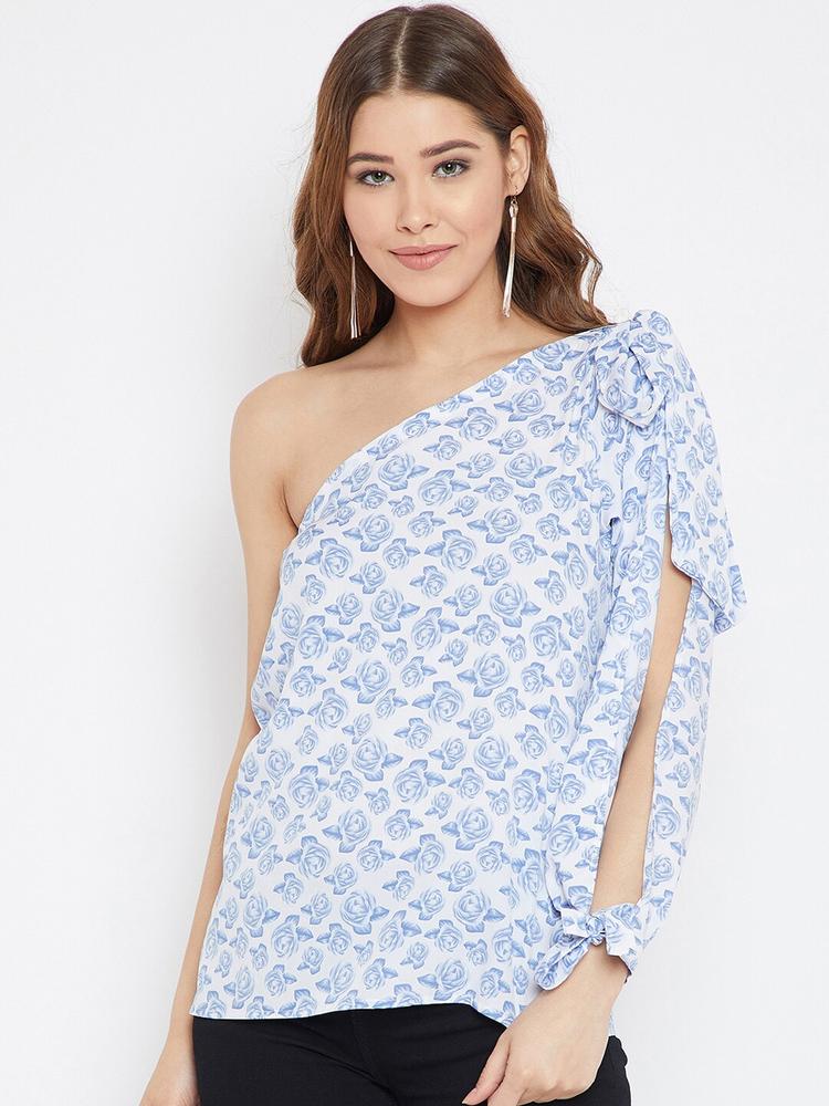 PURYS Women White & Blue Printed One Shoulder A-Line Top