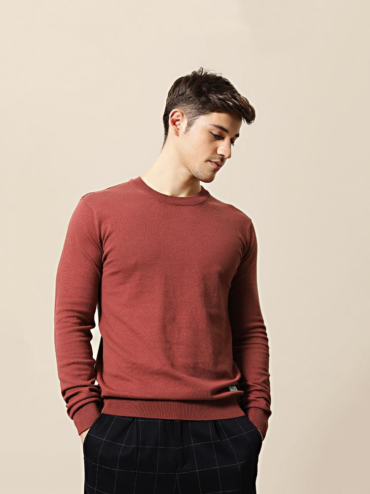 Mr Bowerbird Men Rust Red Solid Tailored Fit Pullover Sweater