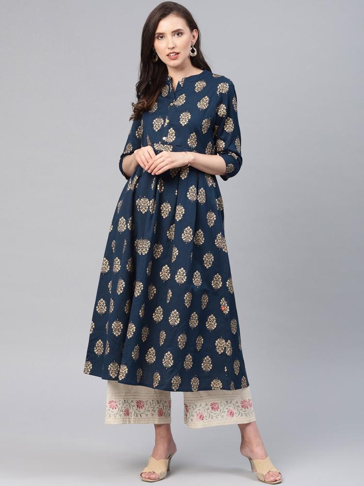 Alena Women Navy Blue & Gold-Toned Floral Printed Pleated A-Line Kurta
