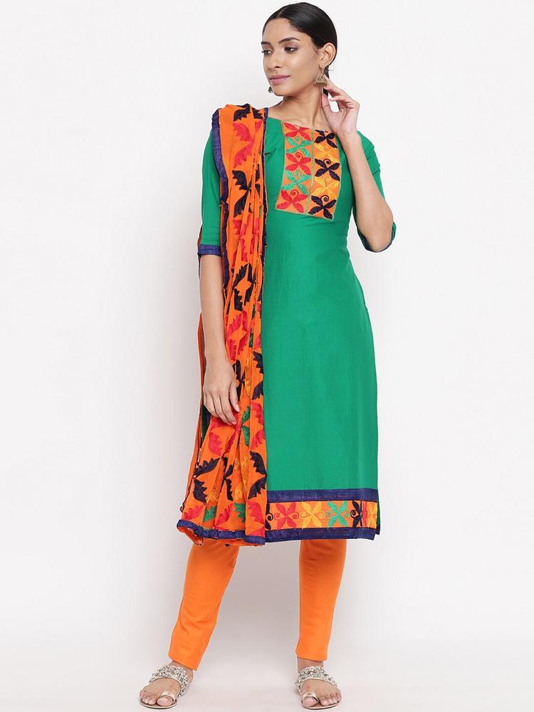 mf Green & Orange Embroidered Unstitched Dress Material