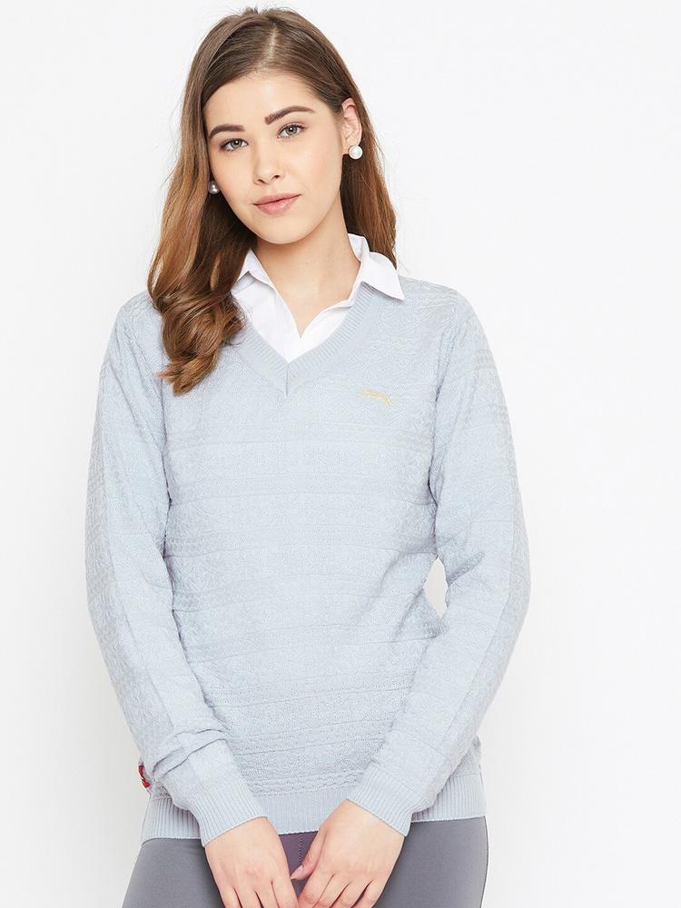 JUMP USA Women Blue Self Design Acrylic Pullover Sweater