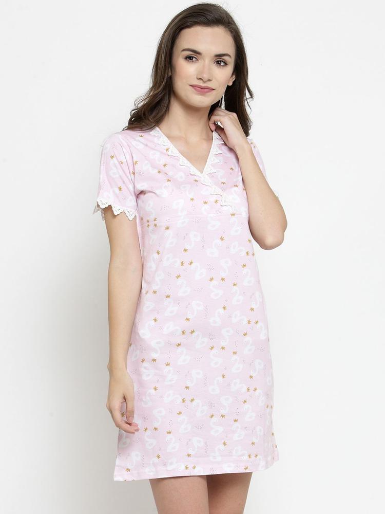 Claura Pink & White Pure Cotton Printed Nightdress