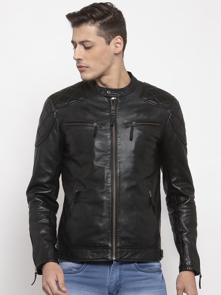WELBAWT Men Black Solid Lightweight Leather Jacket