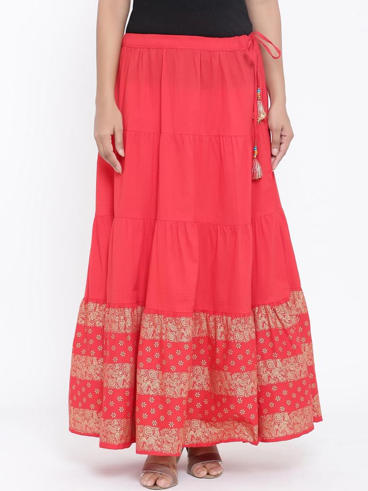 RANGMAYEE Women Coral Red & Gold Printed Tiered Maxi Skirt