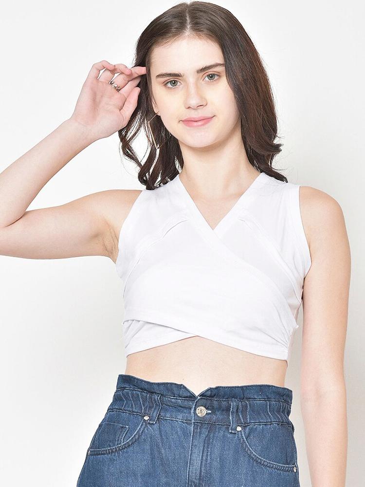 Cation Women White Solid Fitted Crop Top