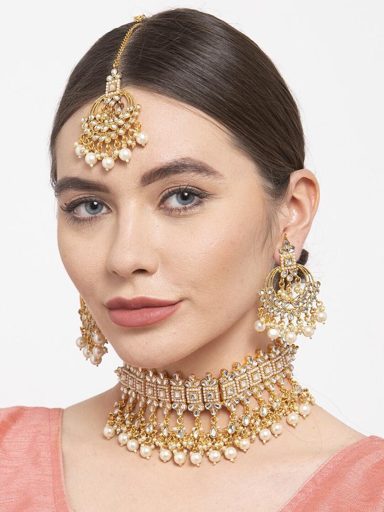 Shining Diva Women Gold-Plated White Pearl and Kundan Embellished Jewellery Set