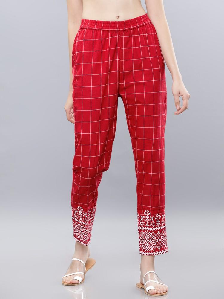 Vishudh Women Red & Off-White Slim Fit Checked Regular Trousers