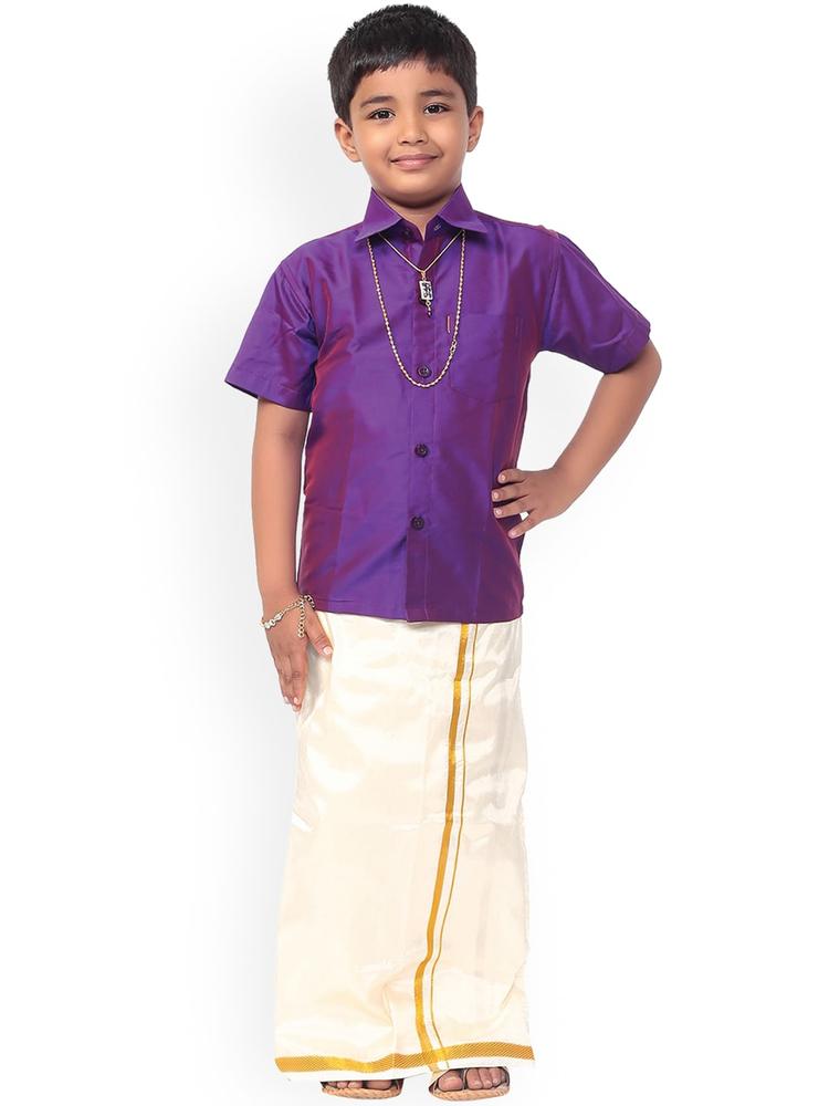 Thangamagan Boys Purple & White Solid Shirt and Veshti