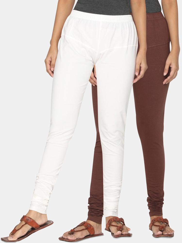 TSG Bliss Women Pack Of 2 Off-White & Brown Solid Churidar-Length leggings