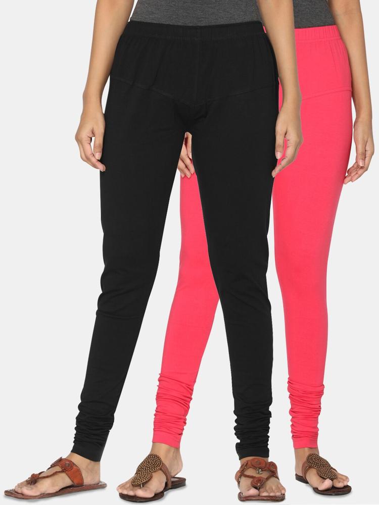 TSG Bliss Women Pack Of 2 Black & Rose Pink Solid Churidar-Length leggings