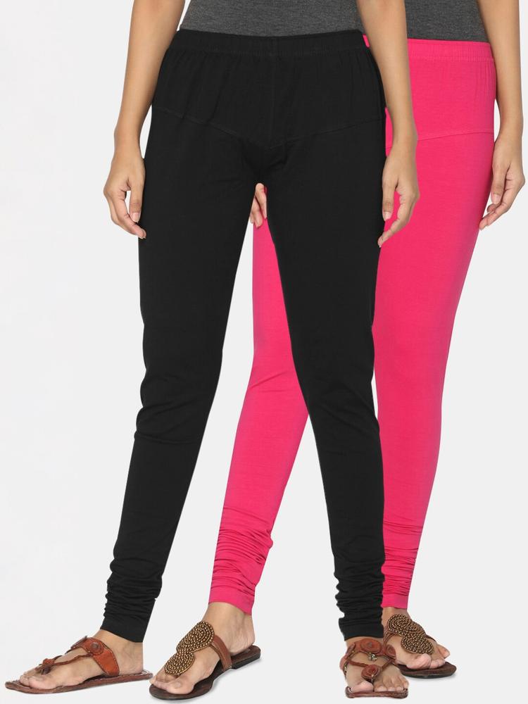 TSG Bliss Women Pack Of 2 Black & Pink Solid Churidar-Length leggings