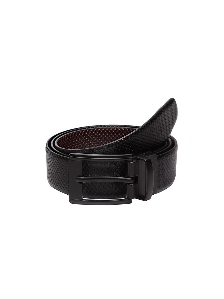 WELBAWT Men Black & Brown Textured Reversible Leather Belt