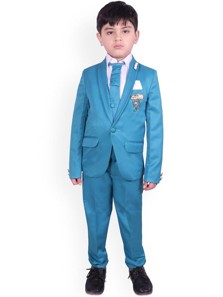 SG YUVRAJ Boys Turquoise Blue & Pink Solid Tuxedo Party Suit