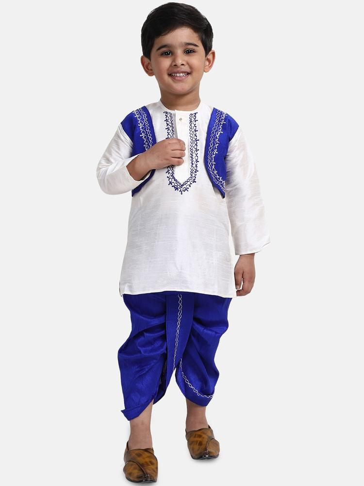 BownBee Boys White & Blue Embroidered Kurta with Dhoti Pants