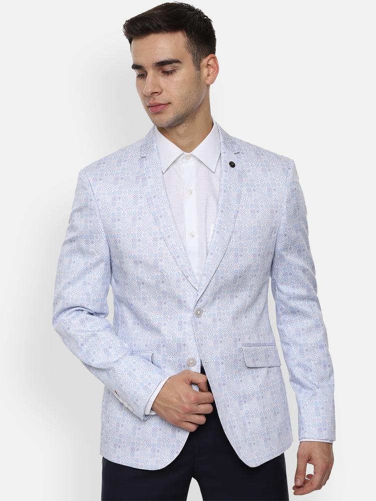 V Dot Men Blue Printed Slim-Fit Single-Breasted Formal Pure Cotton Blazer