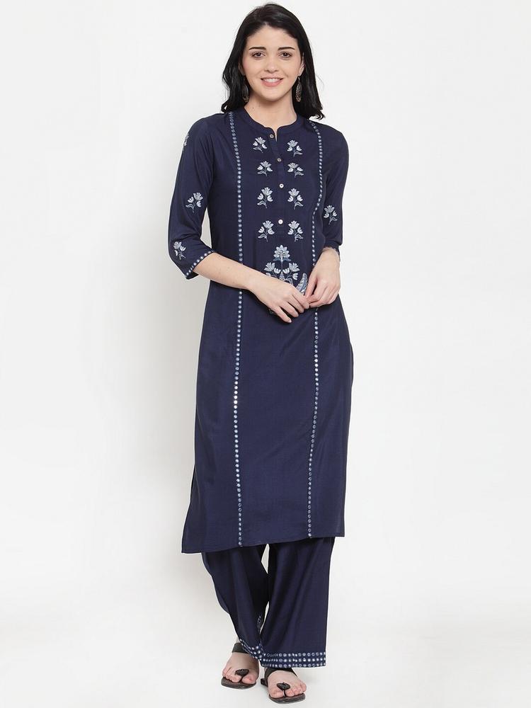 ANAISA Women Navy Blue Embroidered Kurta with Trousers