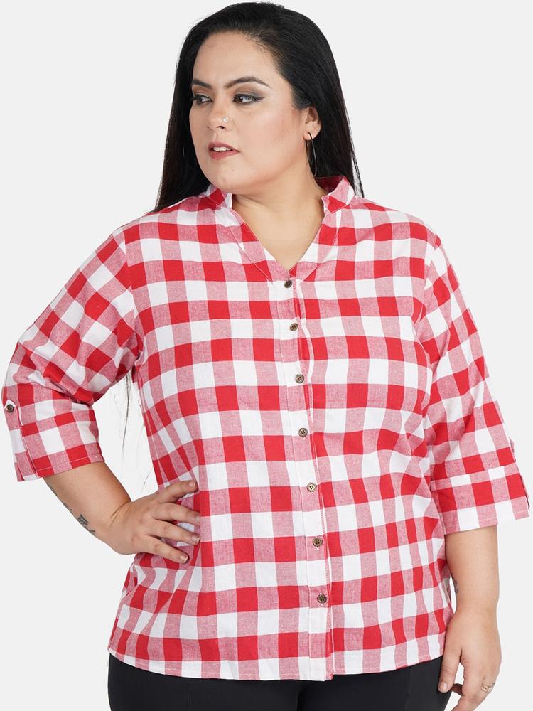 Indietoga Women Red & White Slim Fit Checked Casual Plus Size Shirt