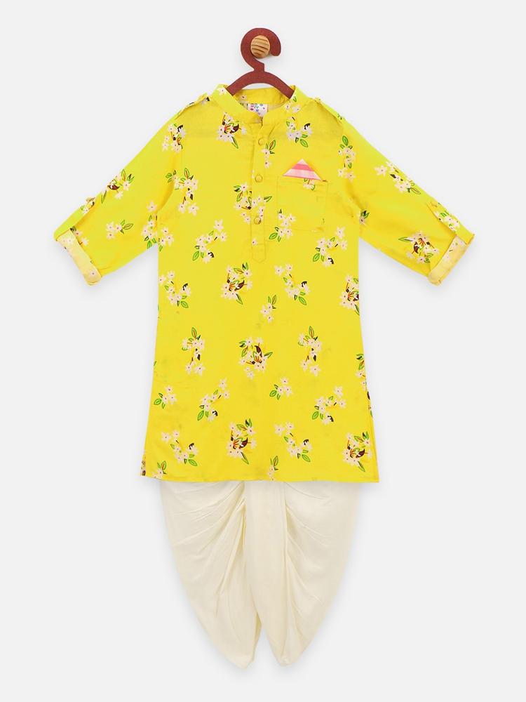 LilPicks Boys Yellow & Cream-Coloured Floral Printed Kurta with Dhoti Pants