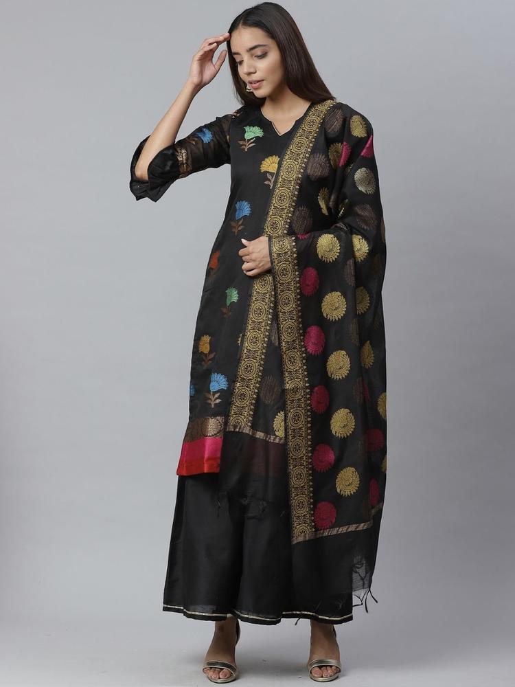 Chhabra 555 Women Black Woven Design Handloom Chanderi Kurta with Sharara & Dupatta