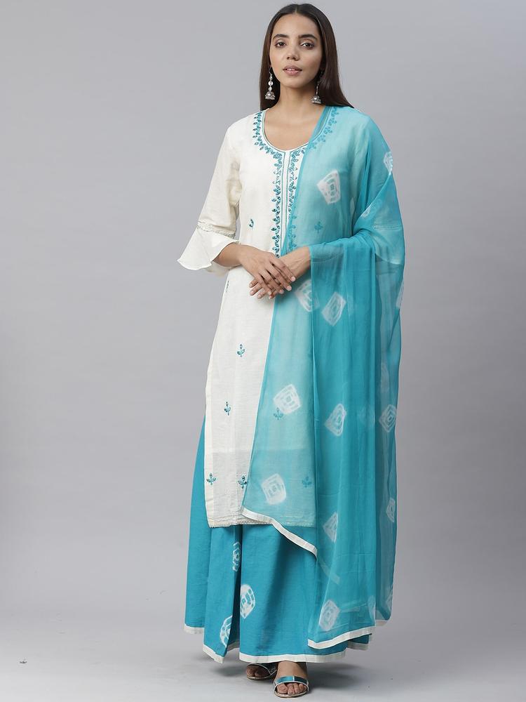 Chhabra 555 Women Cream-Coloured & Turquoise Blue Embroidered Kurta with Palazzos & Dupatta
