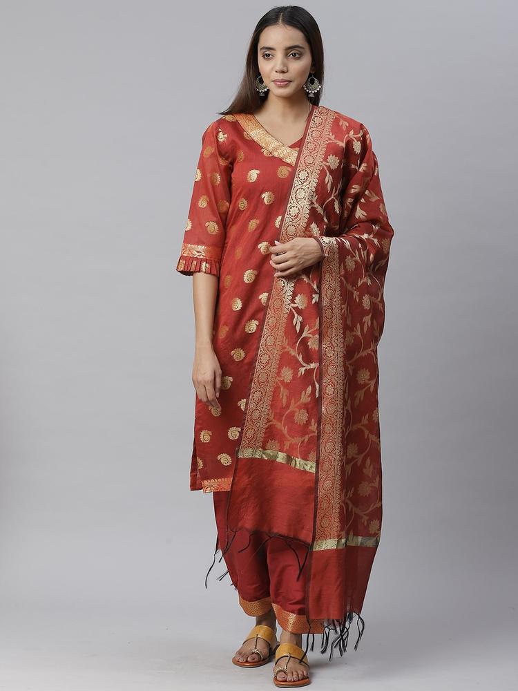 Chhabra 555 Women Maroon & Gold-Toned Woven Design Kurta with Salwar & Dupatta