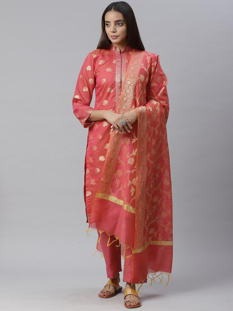 Chhabra 555 Women Peach-Coloured Woven Design Kurta with Trousers & Dupatta
