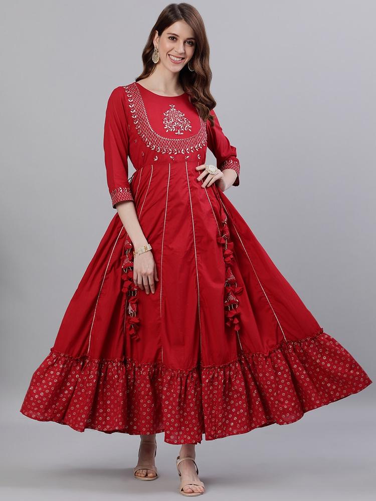 Ishin Women Red Embroidered Anarkali Kurta