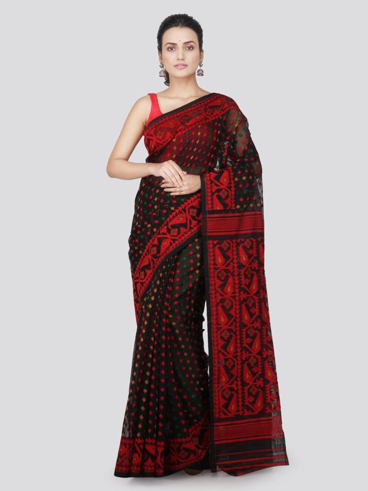 PinkLoom Black & Red Pure Cotton Woven Design Handloom Jamdani Sustainable Saree