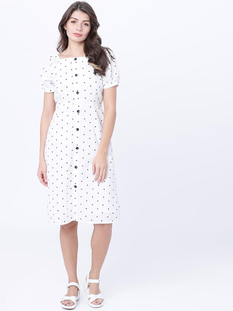 Tokyo Talkies Women White Polka Dot Printed A-Line Dress
