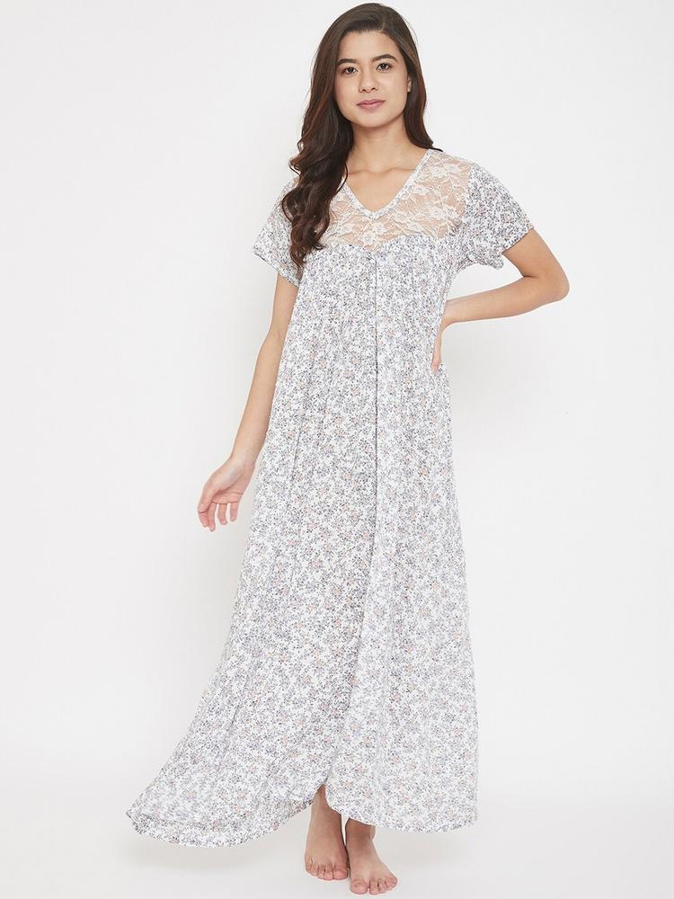 The Kaftan Company Women White & Black Floral Printed Loose Fitted Nightdress