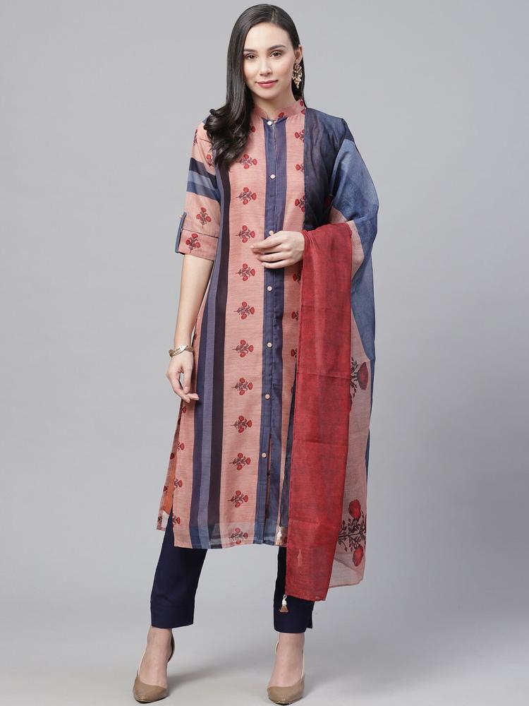 Chhabra 555 Women Pink & Blue Chanderi Silk Striped Kurta with Trousers & Dupatta