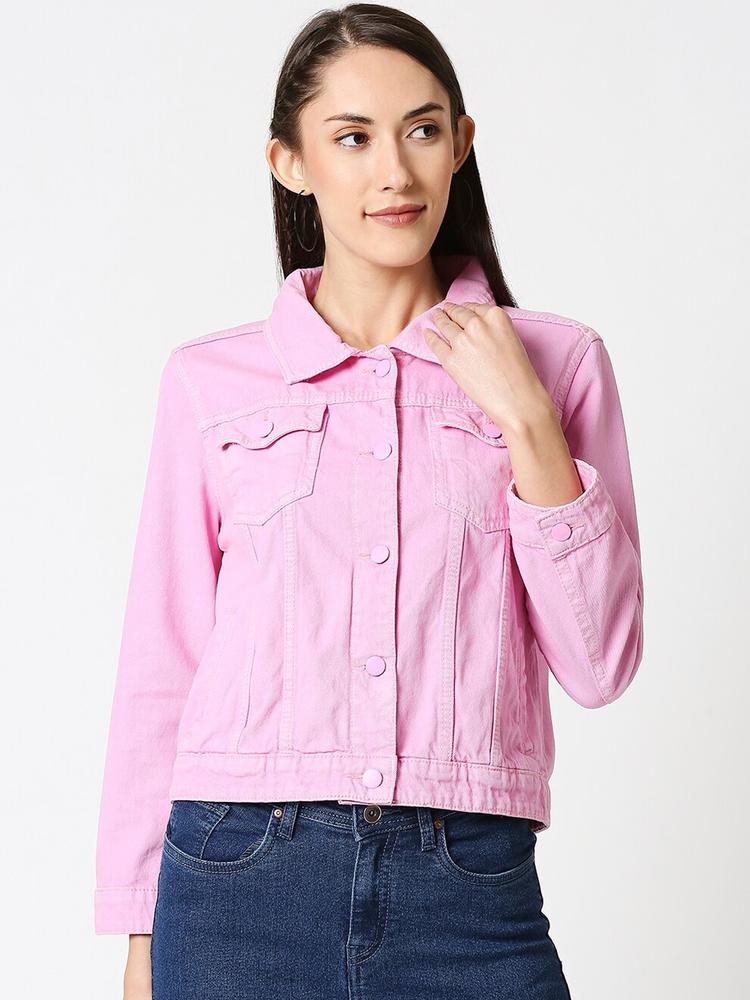 High Star Women Pink Solid Denim Jacket