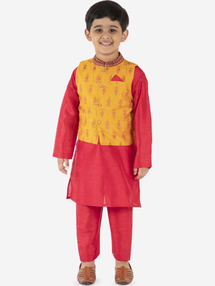 KID1 Boys Red & Yellow Solid Kurta with Pyjamas & Nehru Jacket
