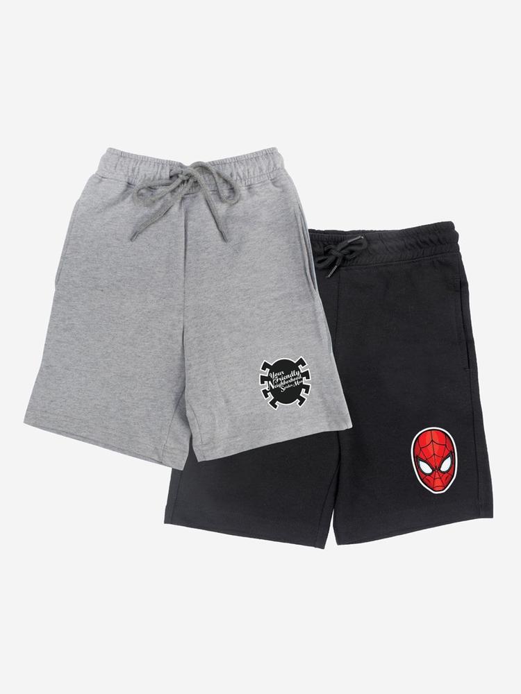 YK Disney Boys Pack of 2 Solid Regular Shorts with Avengers Spiderman Print Detail