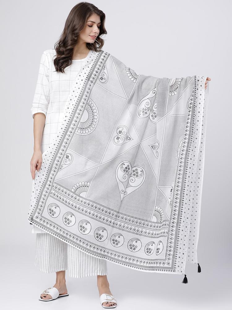Vishudh Off-White & Black Printed Cotton Dupatta