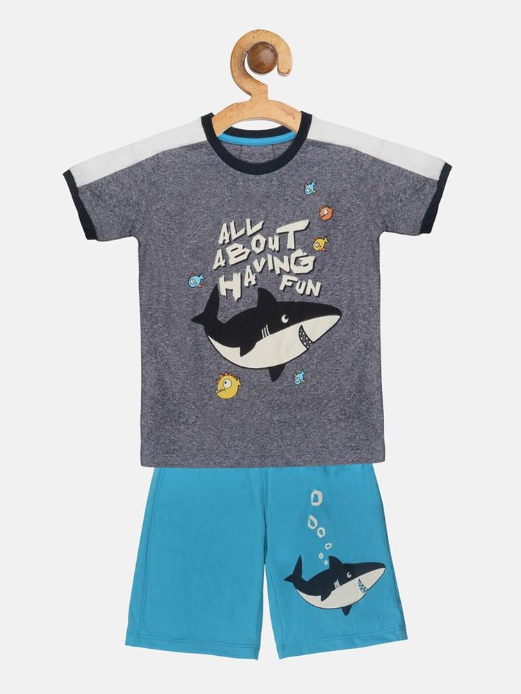 Lazy Shark Boys Grey & Blue Printed T-shirt with Shorts