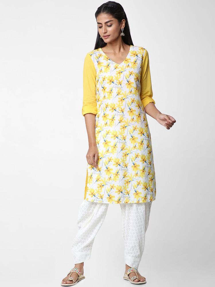 Naari Women Yellow & White Floral Printed Kurta