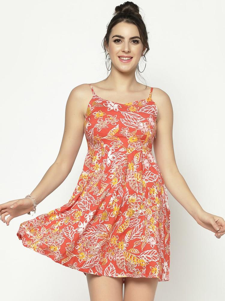 Sera Women Coral Pink & Yellow Floral Printed Fit and Flare Dress