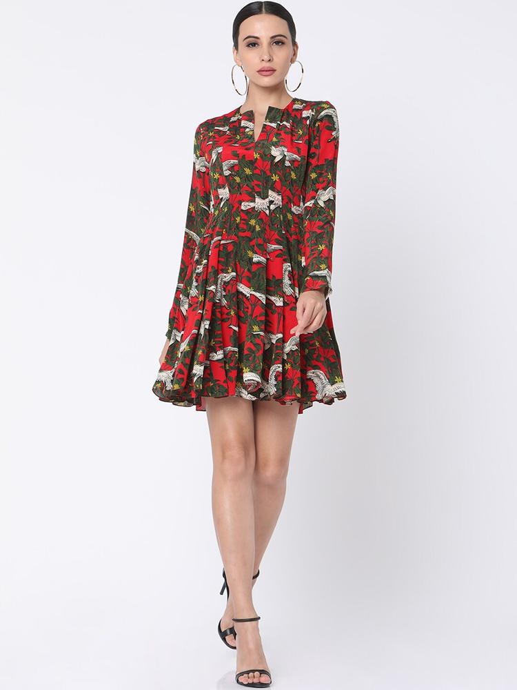 Masaba Women Red & Green Panelled Printed Fit and Flare Dress