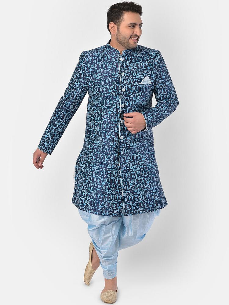 DEYANN PLUS Men Navy Blue & Turquoise Blue Printed Woven Sherwani Set