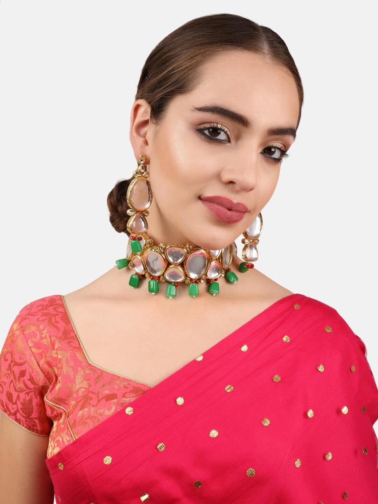 JEWELS GEHNA Gold-Plated Green & Red Kundan & Beads Studded Jewellery Set
