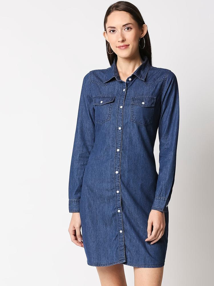 High Star Women Blue Solid Denim Shirt Dress